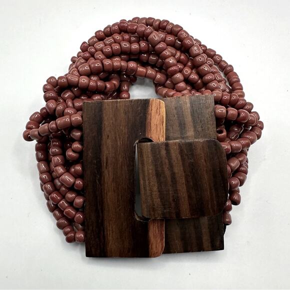 Bali Jewelry - Bali Maroon Brown 14 Strand Bead Bracelet Wood Clasp Hard Wood Boho Casual